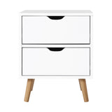 Scandinavian-Style White Bedside Table with Two Drawers and Splayed Legs - Top-Down View