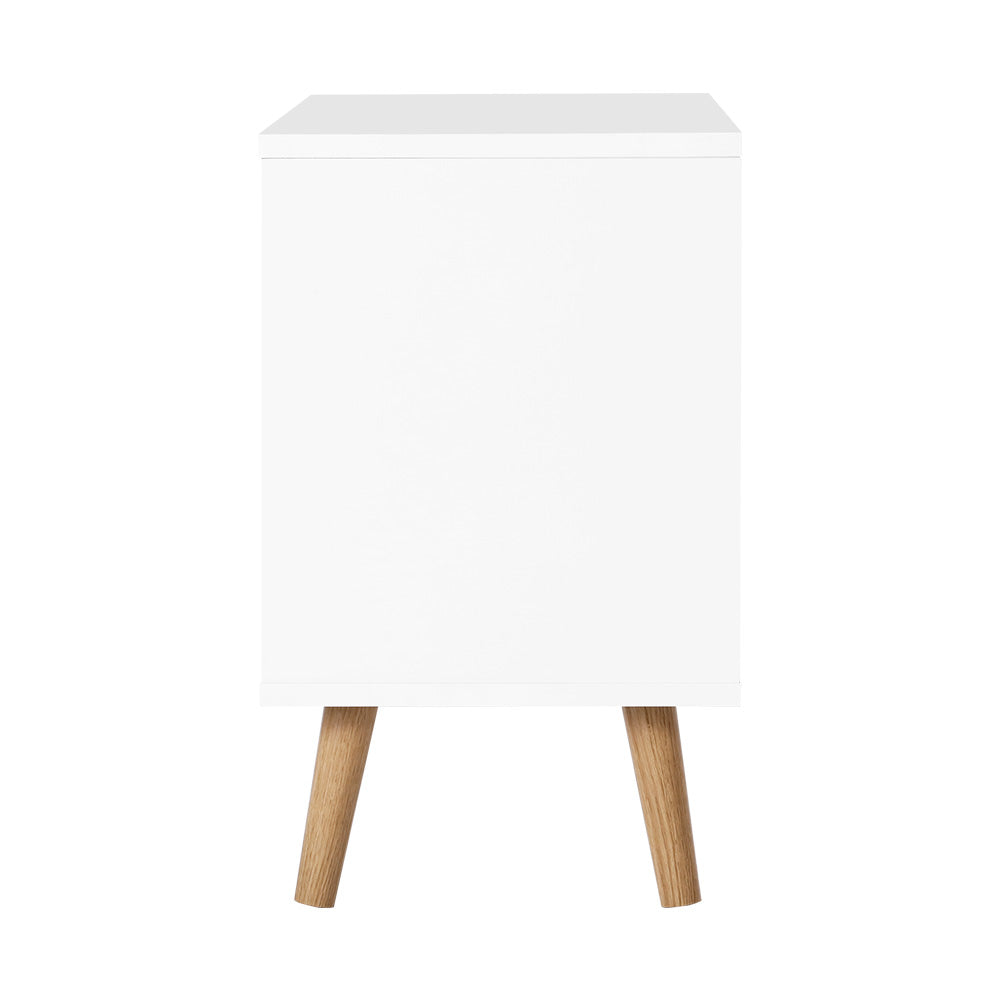 Scandinavian-Style White Bedside Table with Two Drawers and Splayed Legs