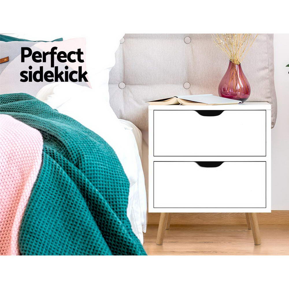 Scandinavian-Style White Bedside Table with Two Drawers and Splayed Legs