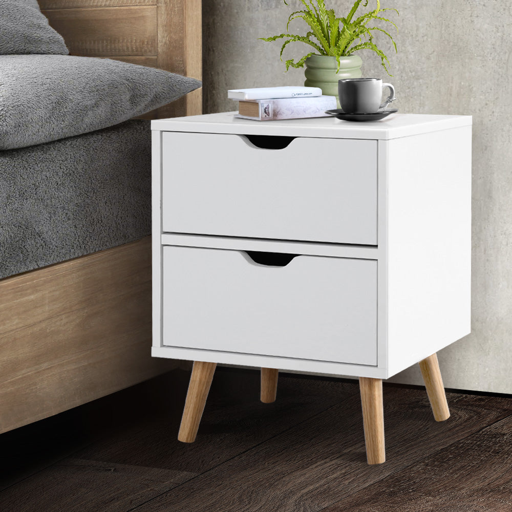 Scandinavian-Style White Bedside Table with Two Drawers and Splayed Legs