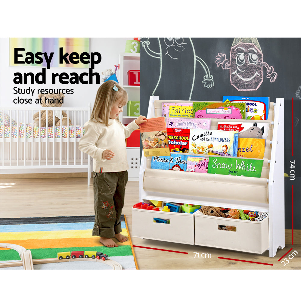 Child-Friendly 4-Tier Wooden Bookshelf with Storage Bins for Toys and Books