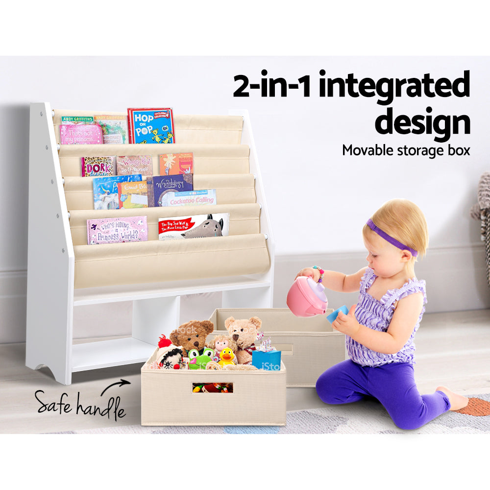 Child-Friendly 4-Tier Wooden Bookshelf with Storage Bins for Toys and Books