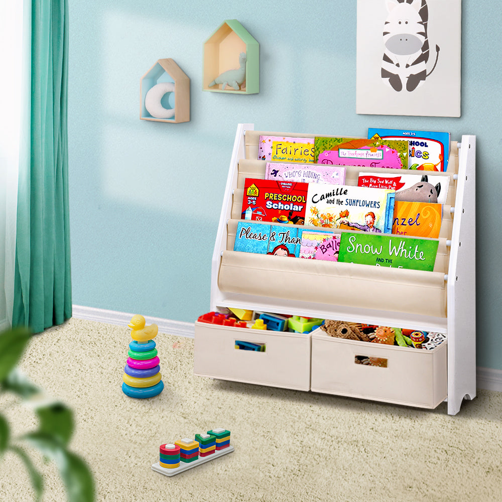 Child-Friendly 4-Tier Wooden Bookshelf with Storage Bins for Toys and Books