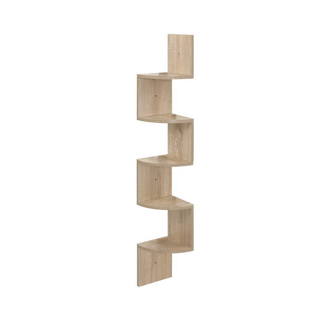 Zig-Zag Design 5-Tier Oak Floating Corner Shelf for Stylish Display