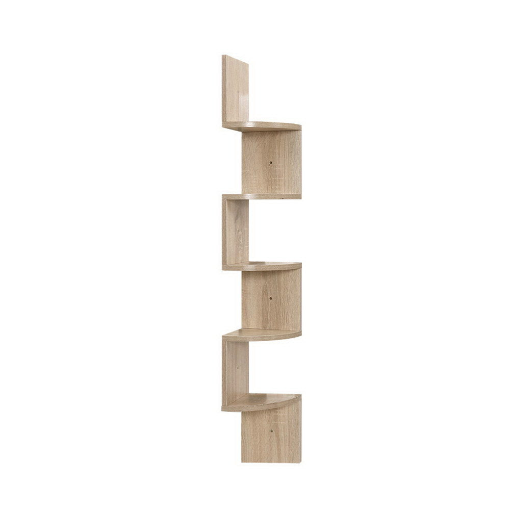 Zig-Zag Design 5-Tier Oak Floating Corner Shelf for Stylish Display