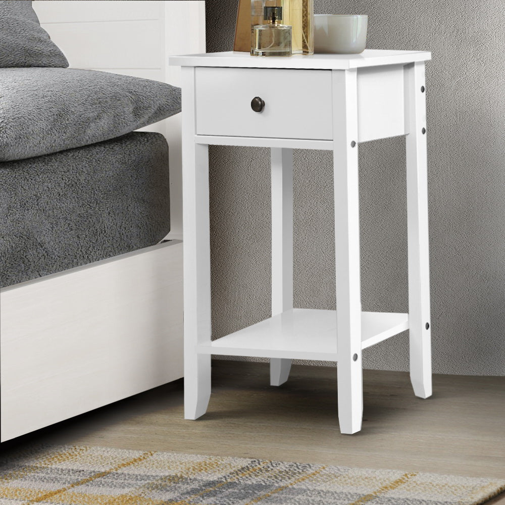 Classic White Nightstand with Drawer and Storage Shelf