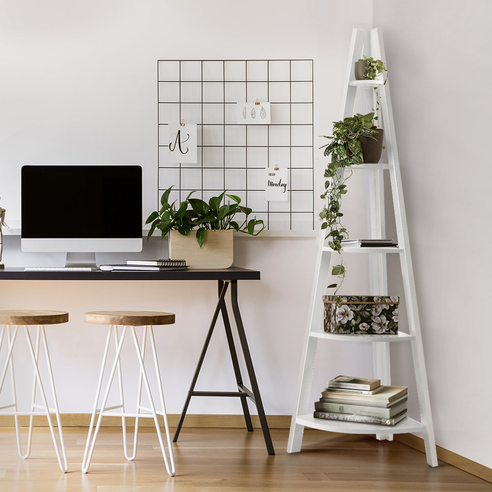 5-Tier White Corner Ladder Shelf - Stylish Display and Storage Unit