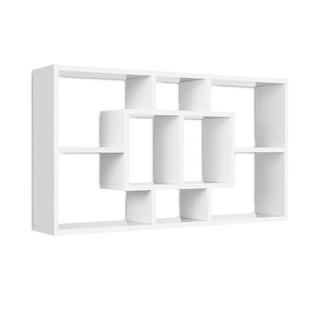 Versatile White Wall-Mounted Floating Shelf with 8 Display Compartments