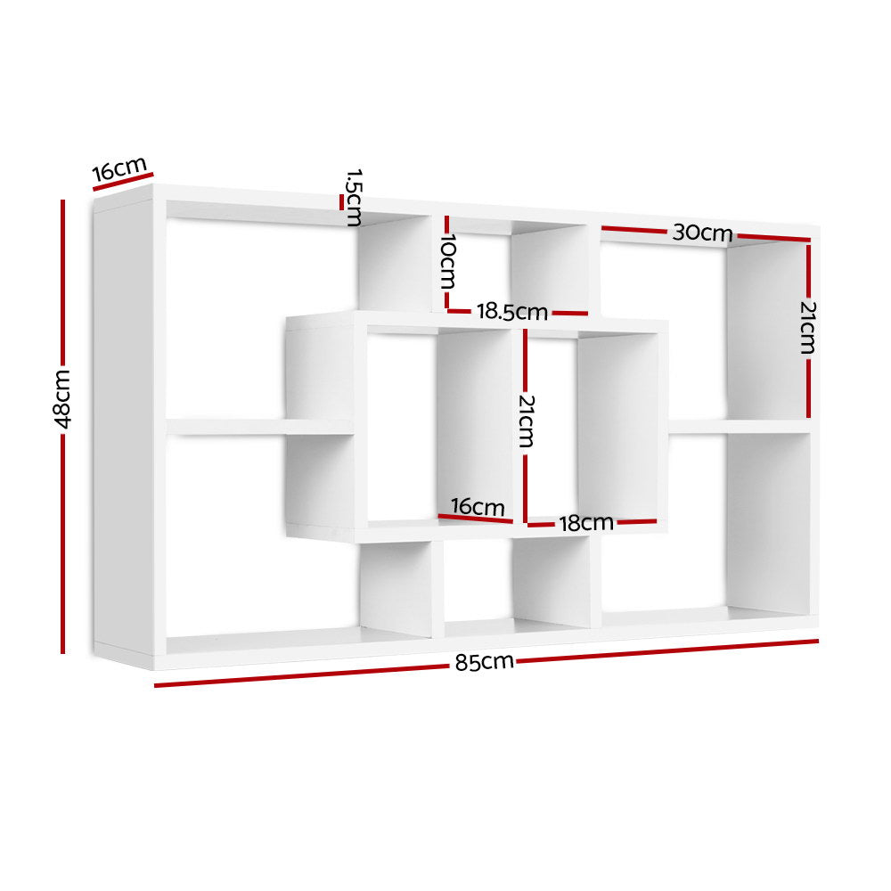 Versatile White Wall-Mounted Floating Shelf with 8 Display Compartments