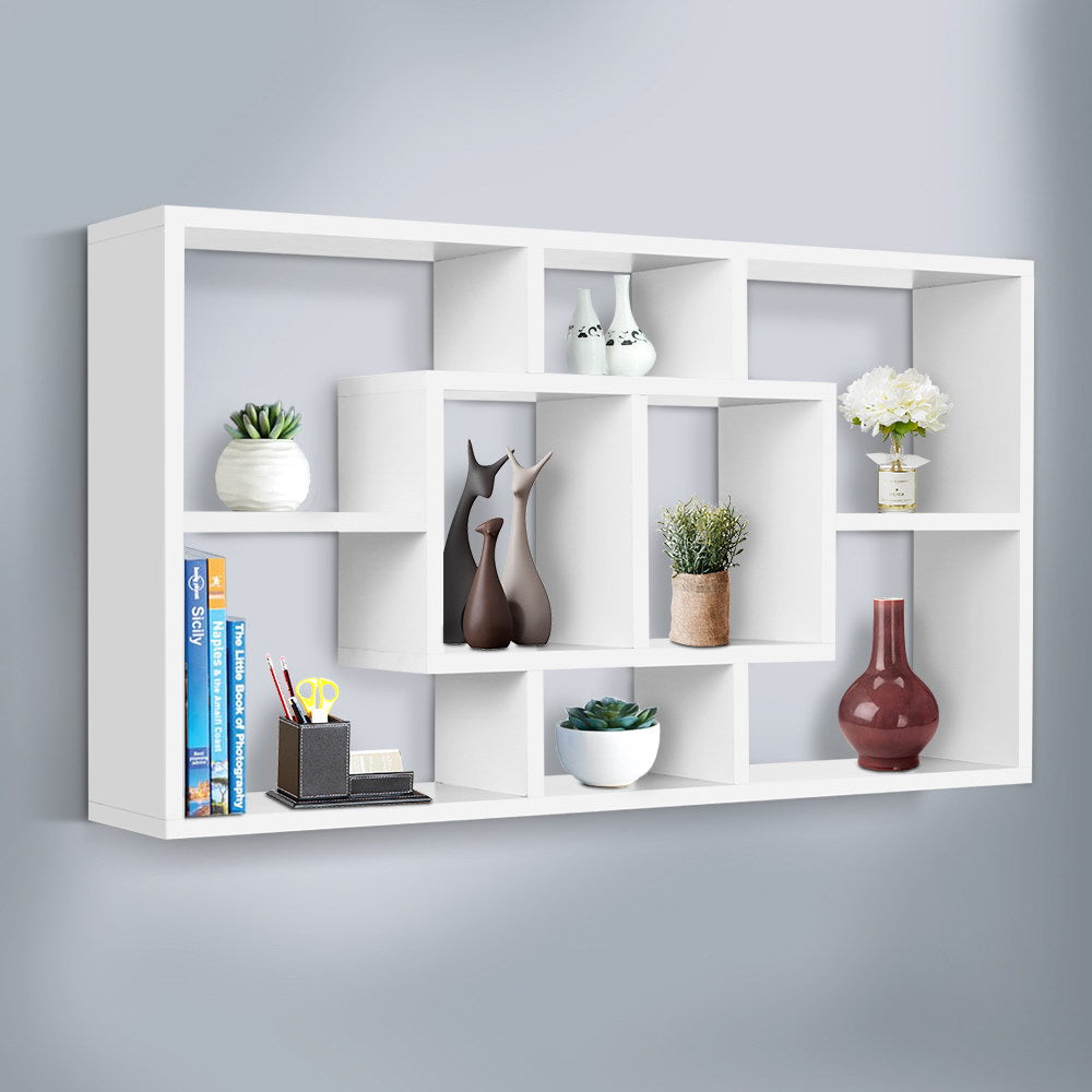 Versatile White Wall-Mounted Floating Shelf with 8 Display Compartments