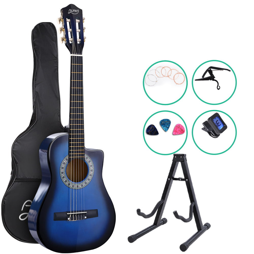 Alpha 34" Classical Acoustic Guitar for Kids - Cutaway Design, Blue with Accessories including Capo, Tuner, and Carry Bag