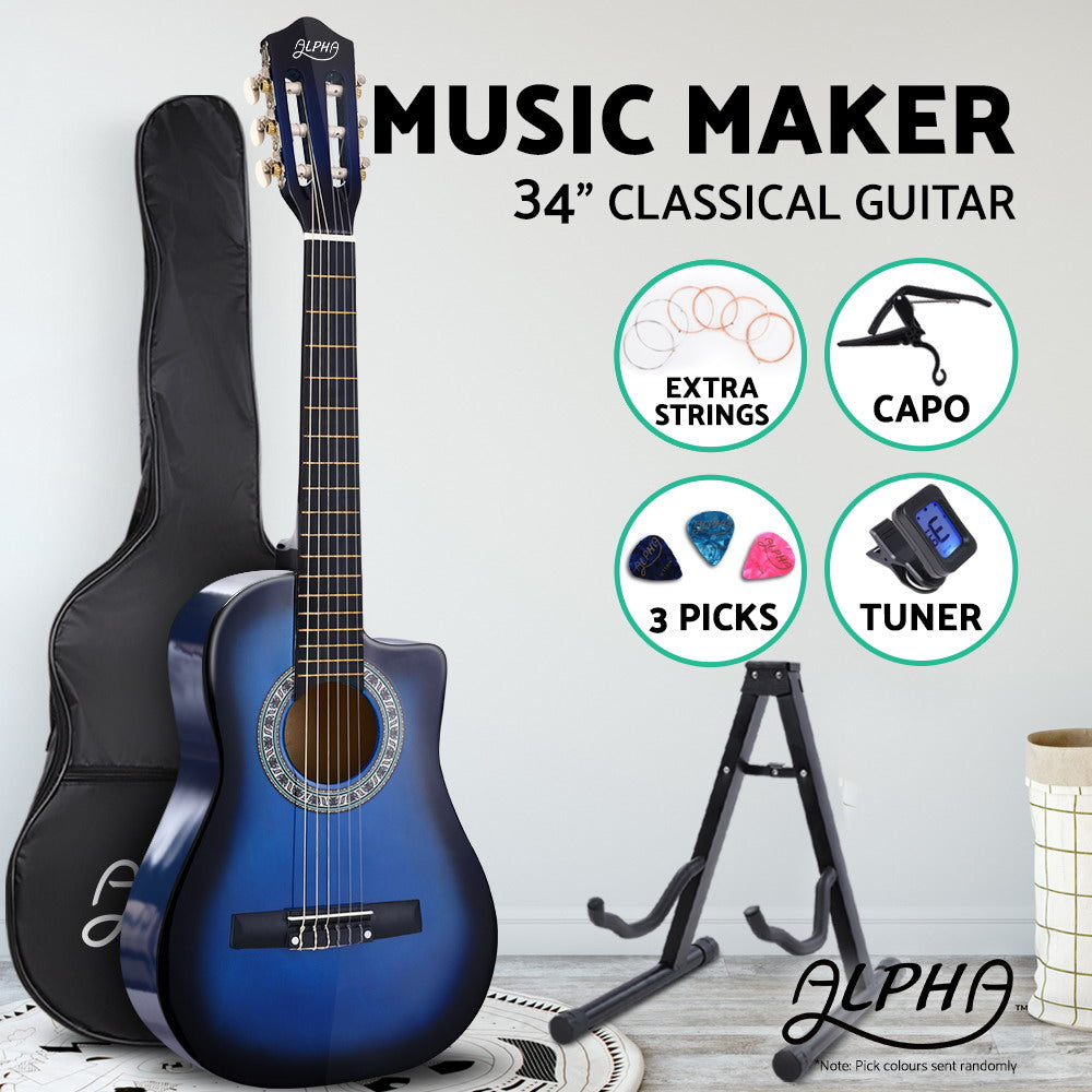 Alpha 34" Classical Acoustic Guitar for Kids - Cutaway Design, Blue with Accessories including Capo, Tuner, and Carry Bag