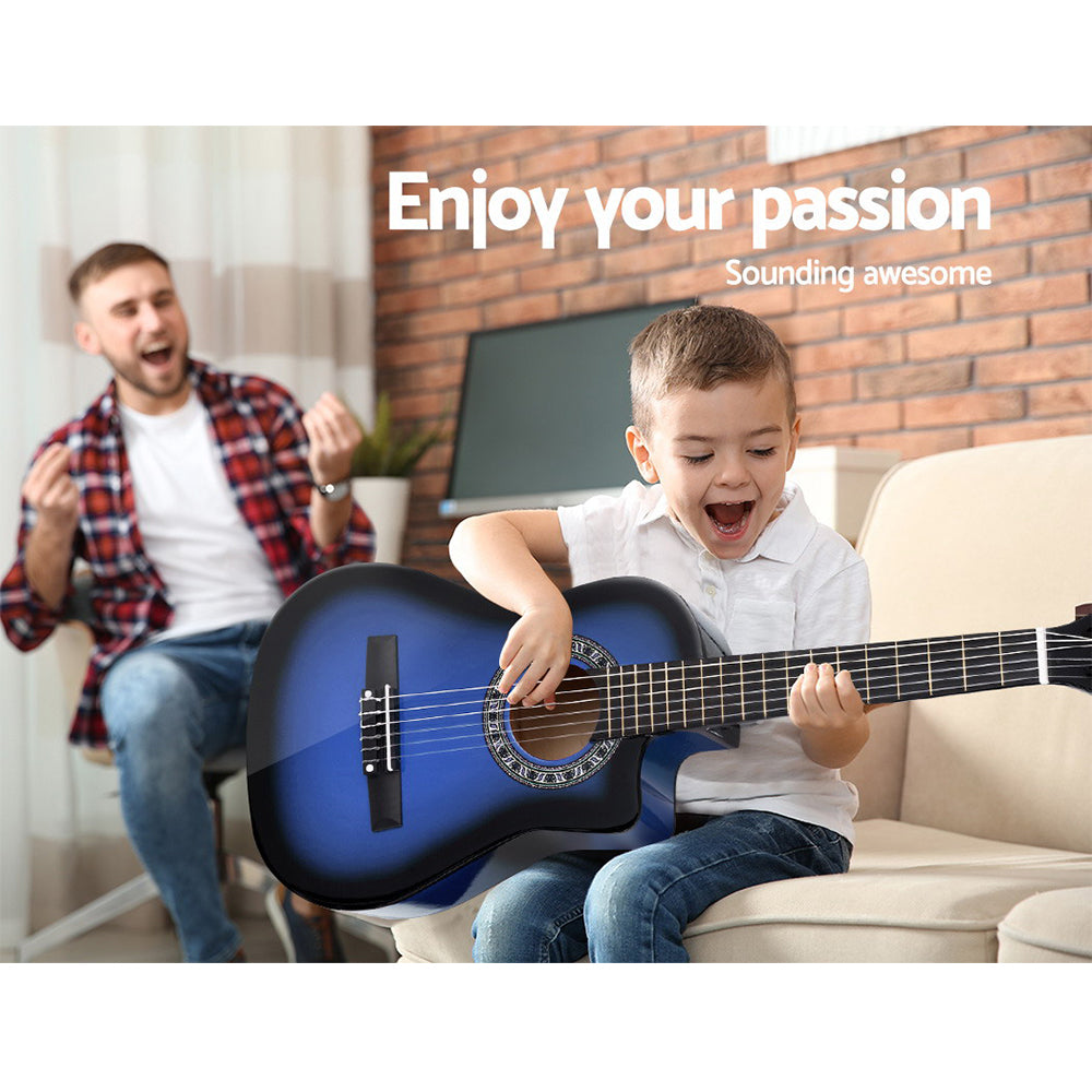 Alpha 34" Classical Acoustic Guitar for Kids - Cutaway Design, Blue with Accessories including Capo, Tuner, and Carry Bag