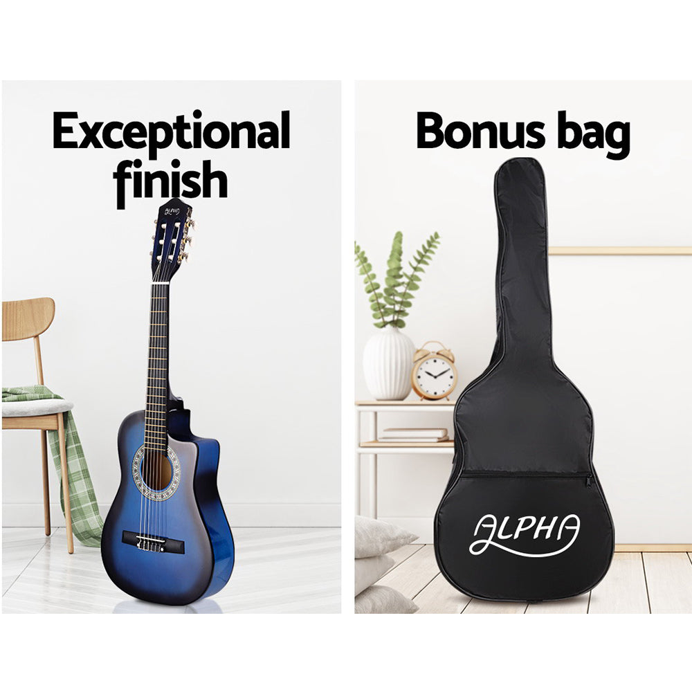 Alpha 34" Classical Acoustic Guitar for Kids - Cutaway Design, Blue with Accessories including Capo, Tuner, and Carry Bag