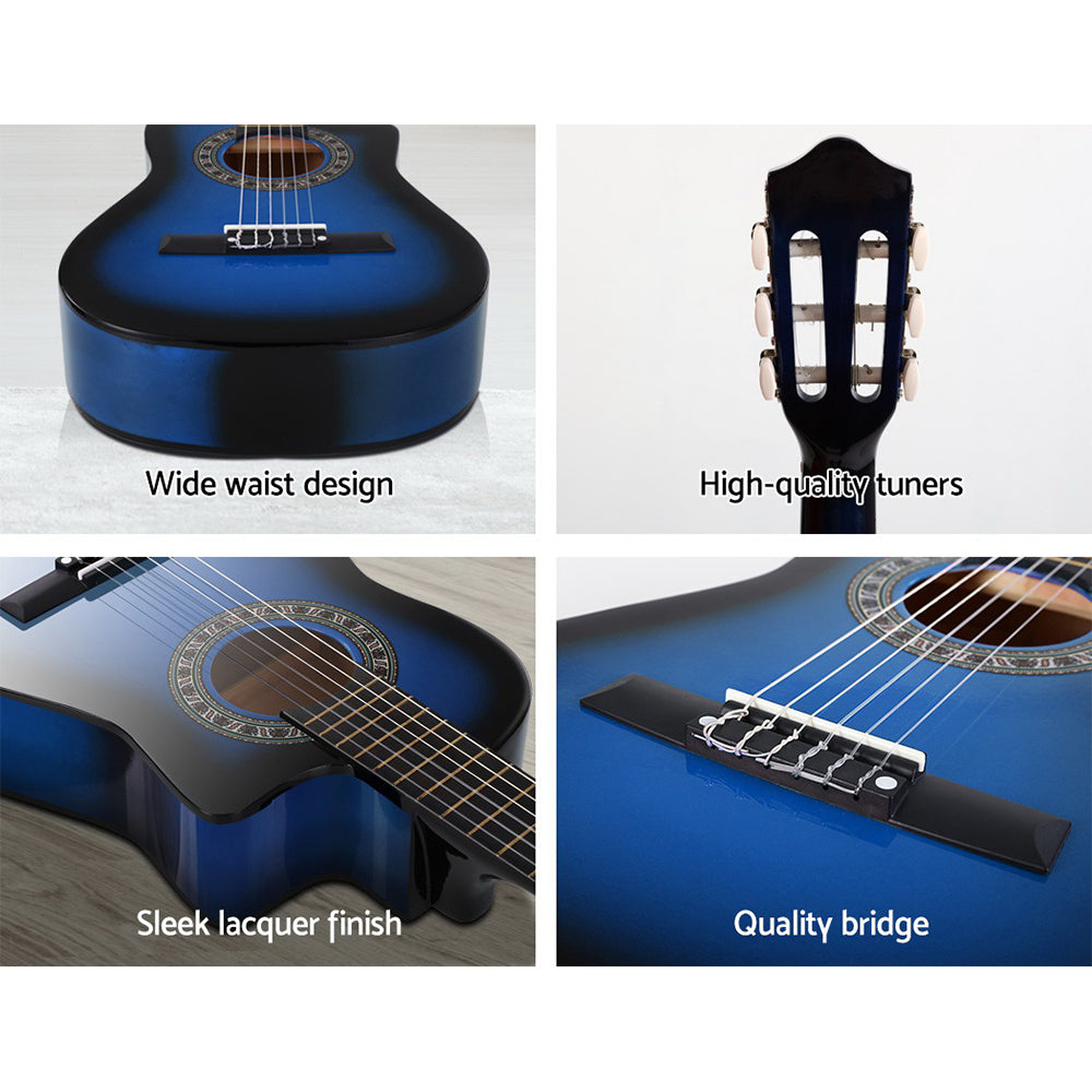 Alpha 34" Classical Acoustic Guitar for Kids - Cutaway Design, Blue with Accessories including Capo, Tuner, and Carry Bag