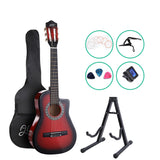 Alpha 34-Inch Kids' Classical Acoustic Guitar with Cutaway Design - Red, Complete with Capo, Tuner, and Accessories