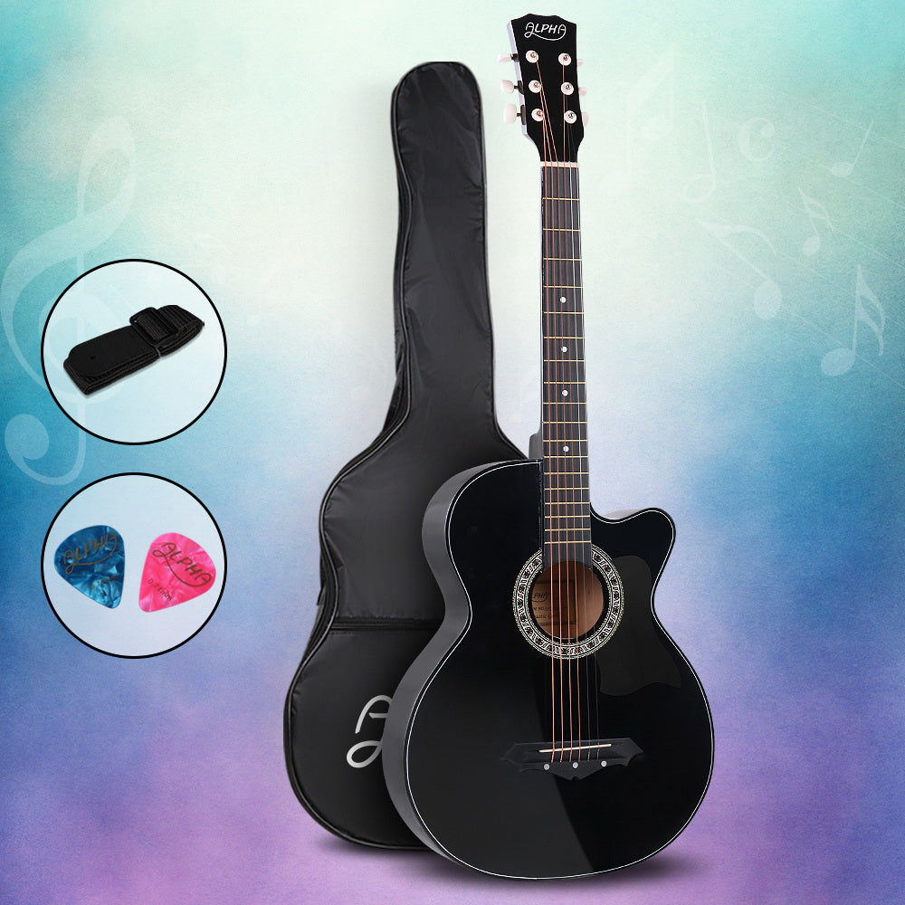 Compact 38" Black Cutaway Acoustic Guitar with Accessories