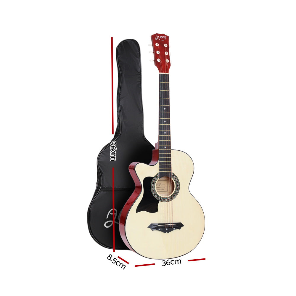 Left-Handed ALPHA 38" Natural Wood Acoustic Guitar with Complete Accessories Set