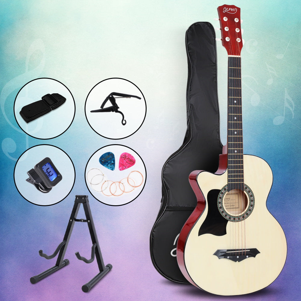 Left-Handed ALPHA 38" Natural Wood Acoustic Guitar with Complete Accessories Set