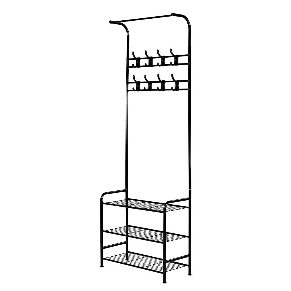 Artiss Stylish Black Metal Clothes Rack with 3-Tier Shelving and Hooks for Garment and Shoe Storage