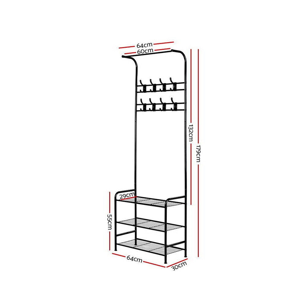 Artiss Stylish Black Metal Clothes Rack with 3-Tier Shelving and Hooks for Garment and Shoe Storage