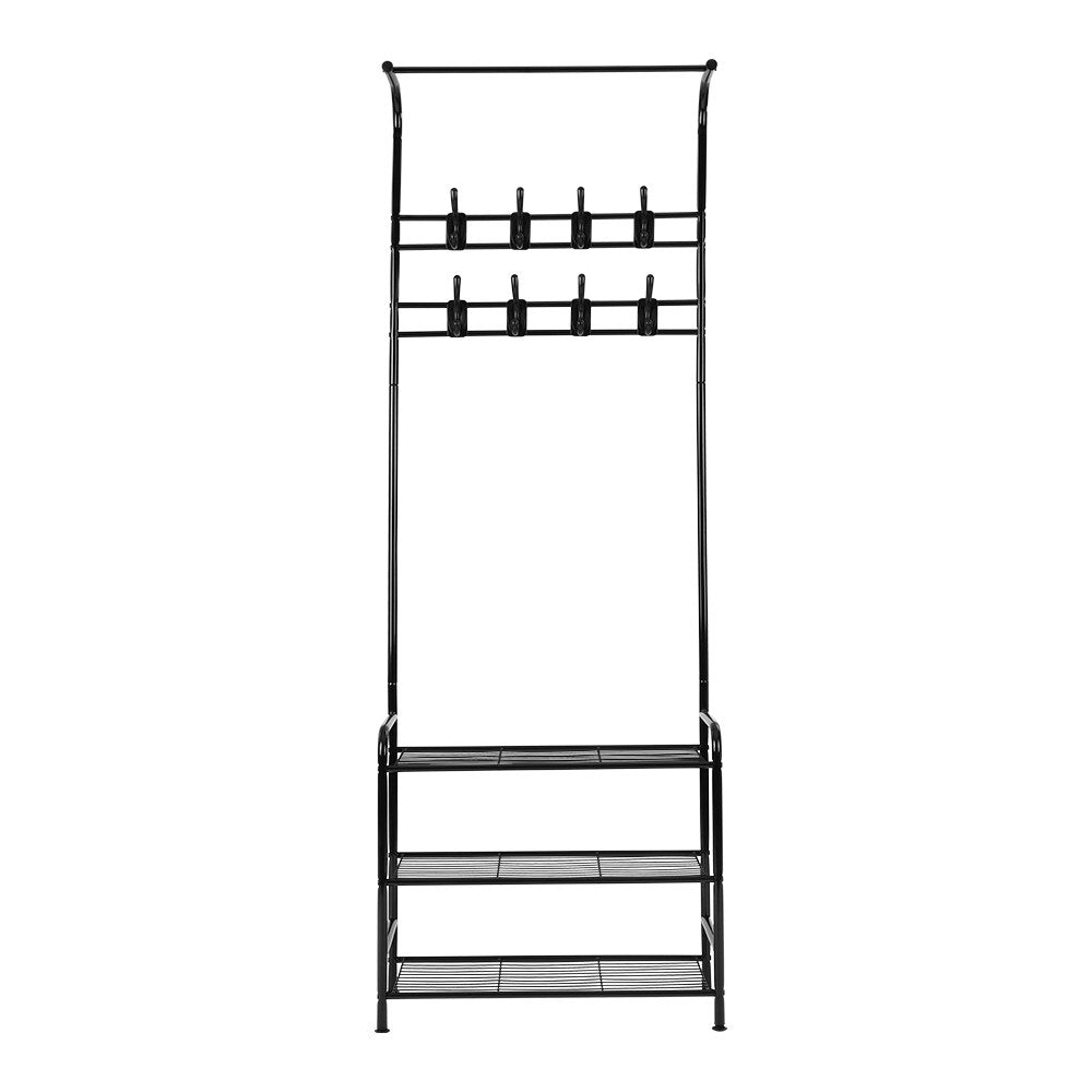 Artiss Stylish Black Metal Clothes Rack with 3-Tier Shelving and Hooks for Garment and Shoe Storage