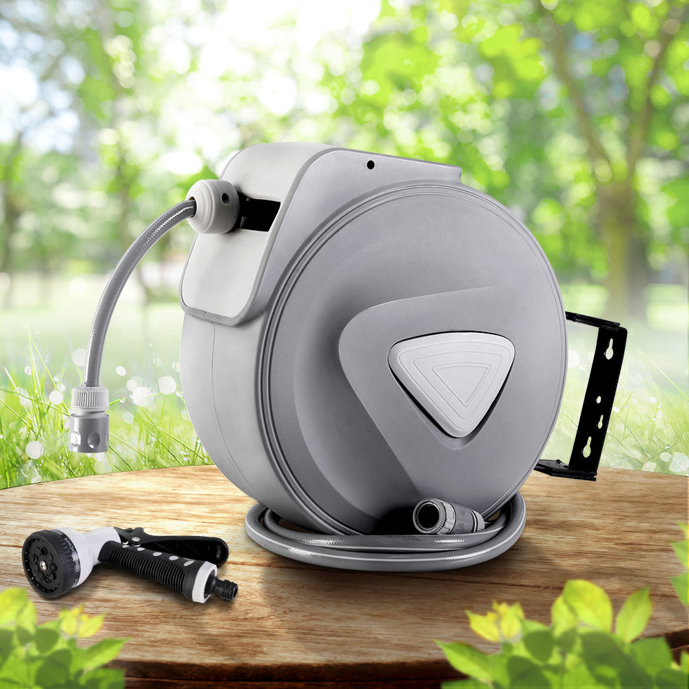 10M Self-Rewinding Garden Hose Reel with 9-Function Spray Gun