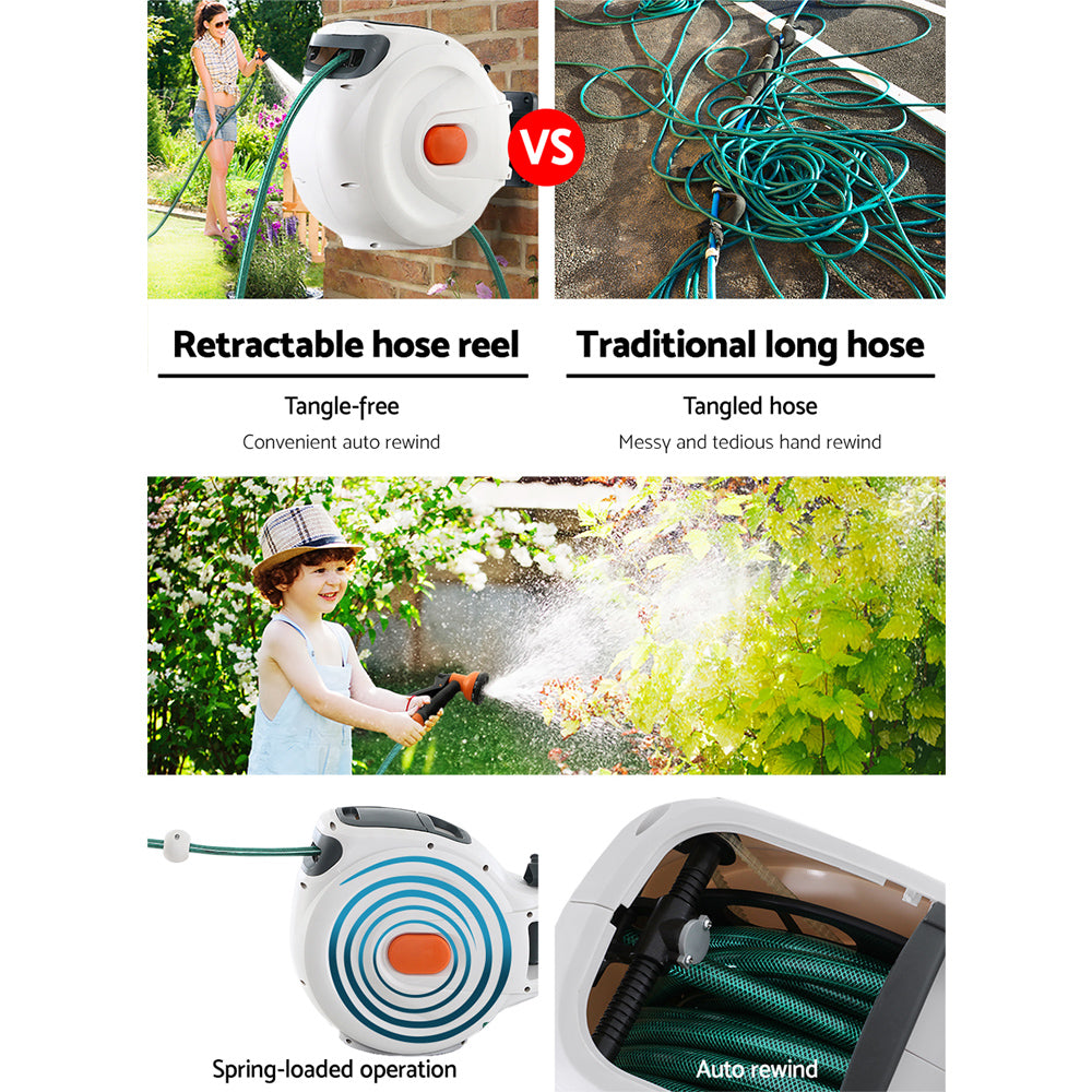 Greenfingers 10M Wall-Mounted Automatic Hose Reel with Versatile Spray Gun - Effortless Garden Watering Solution