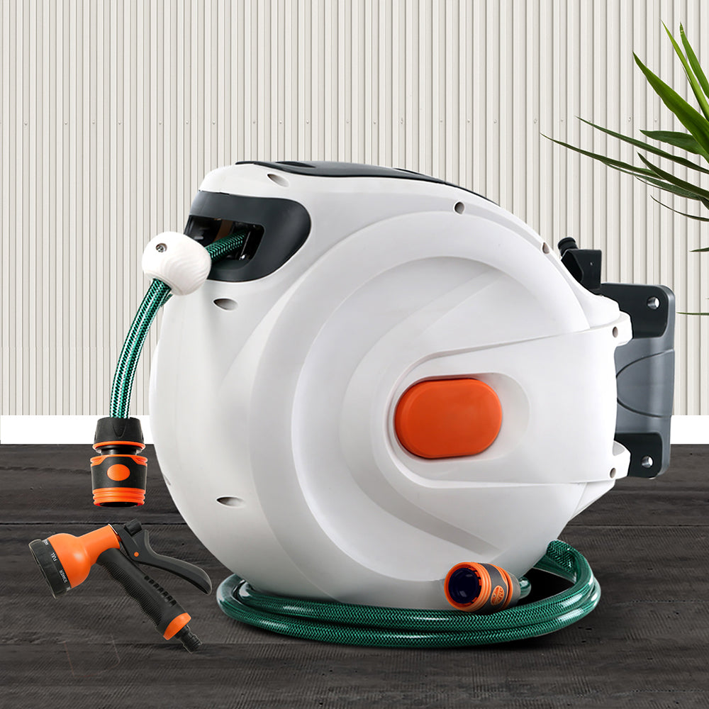 Greenfingers 10M Wall-Mounted Automatic Hose Reel with Versatile Spray Gun - Effortless Garden Watering Solution