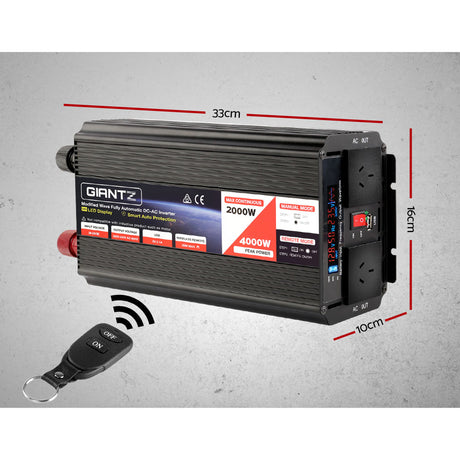 Giantz 2000W 12V to 240V High Efficiency Portable Power Inverter with USB and Remote Control