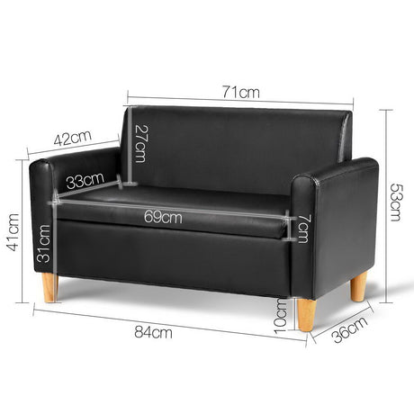 Black PU Leather Kids Double Sofa with Hidden Storage for Playroom and Bedroom