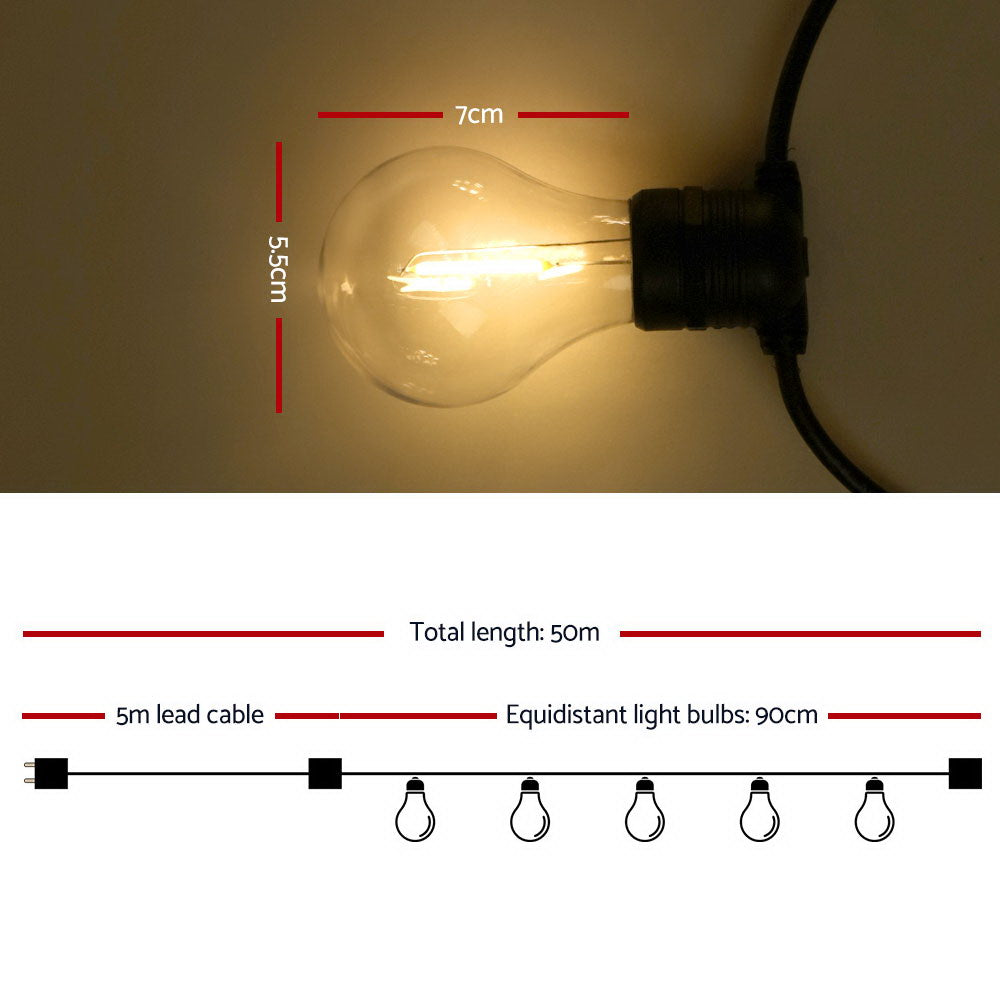 Jingle Jollys 50m LED Festoon String Lights - 50 Bulbs for Weddings, Parties, and Holiday Decor