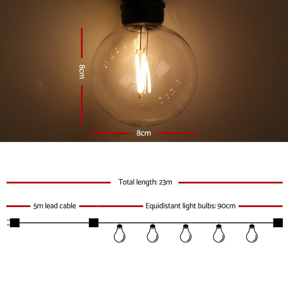 Jingle Jollys 23m Waterproof LED Festoon String Lights with 20 G80 Bulbs for Weddings and Parties