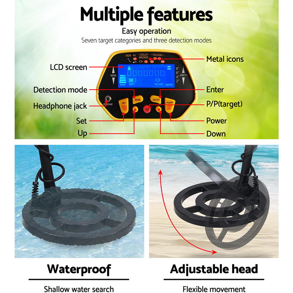 Yellow LCD Metal Detector with Headphones for Beach and Treasure Hunting