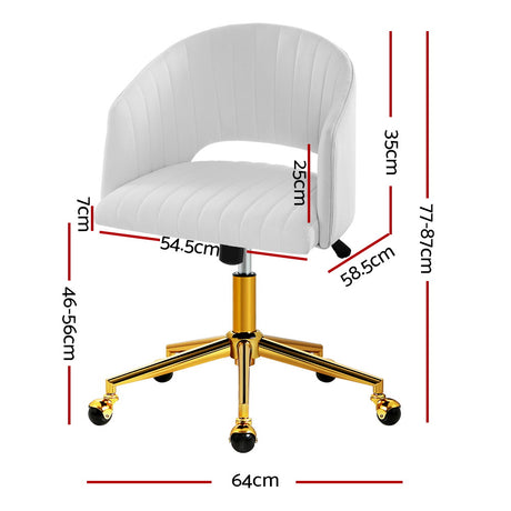 Monroe Vintage Velvet Office Chair with Brass Base - White Fabric Computer Armchair for Home and Office