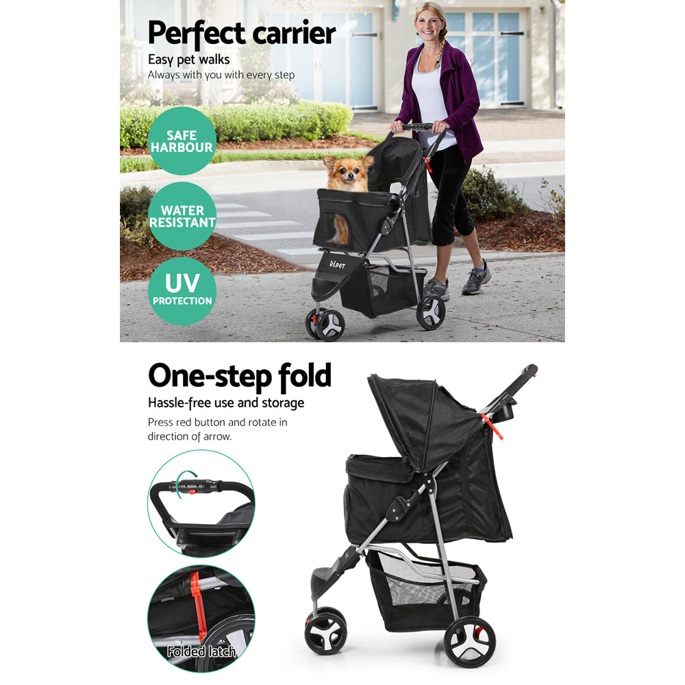 i.Pet 3-Wheel Pet Stroller - Stylish Black Edition