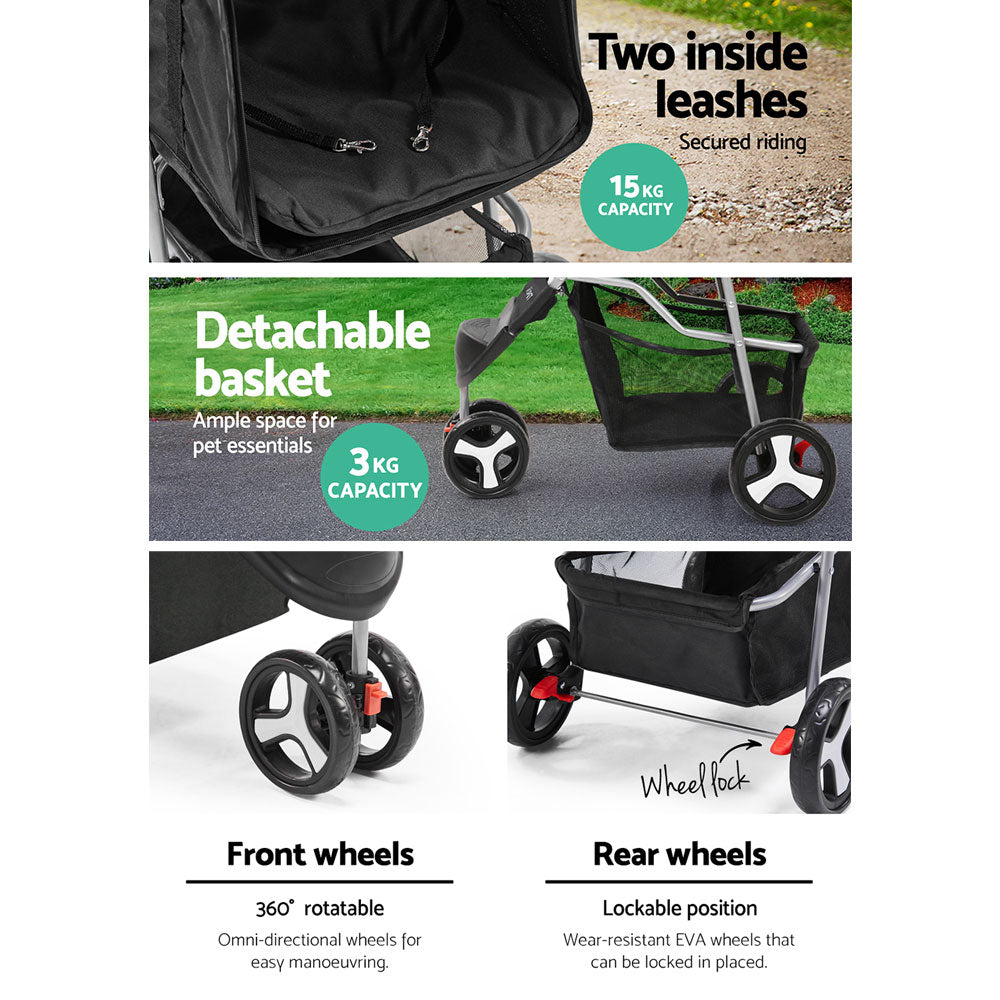 i.Pet 3-Wheel Pet Stroller - Stylish Black Edition