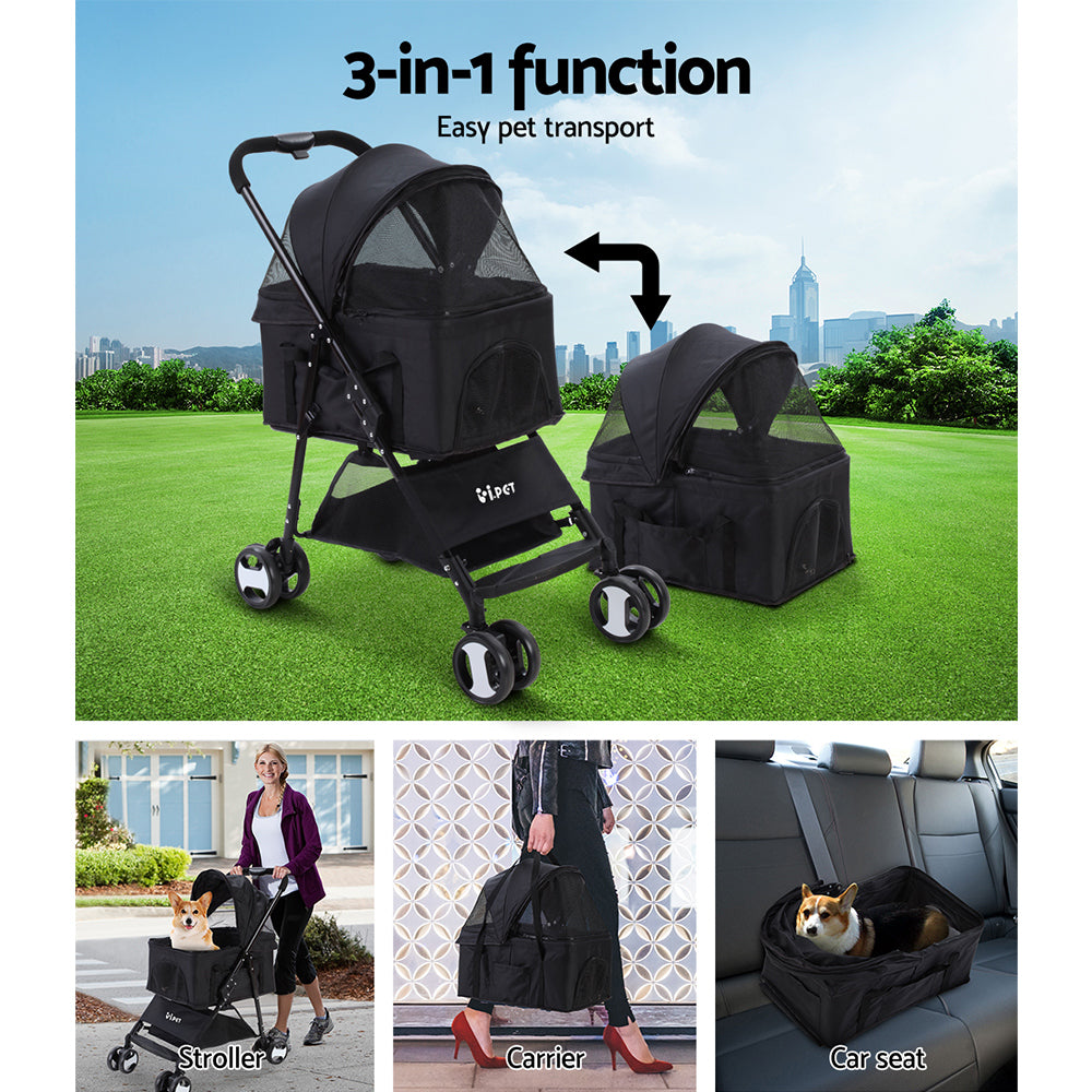 i.Pet 3-in-1 Foldable Dog Stroller Carrier and Car Seat - Medium Size Black