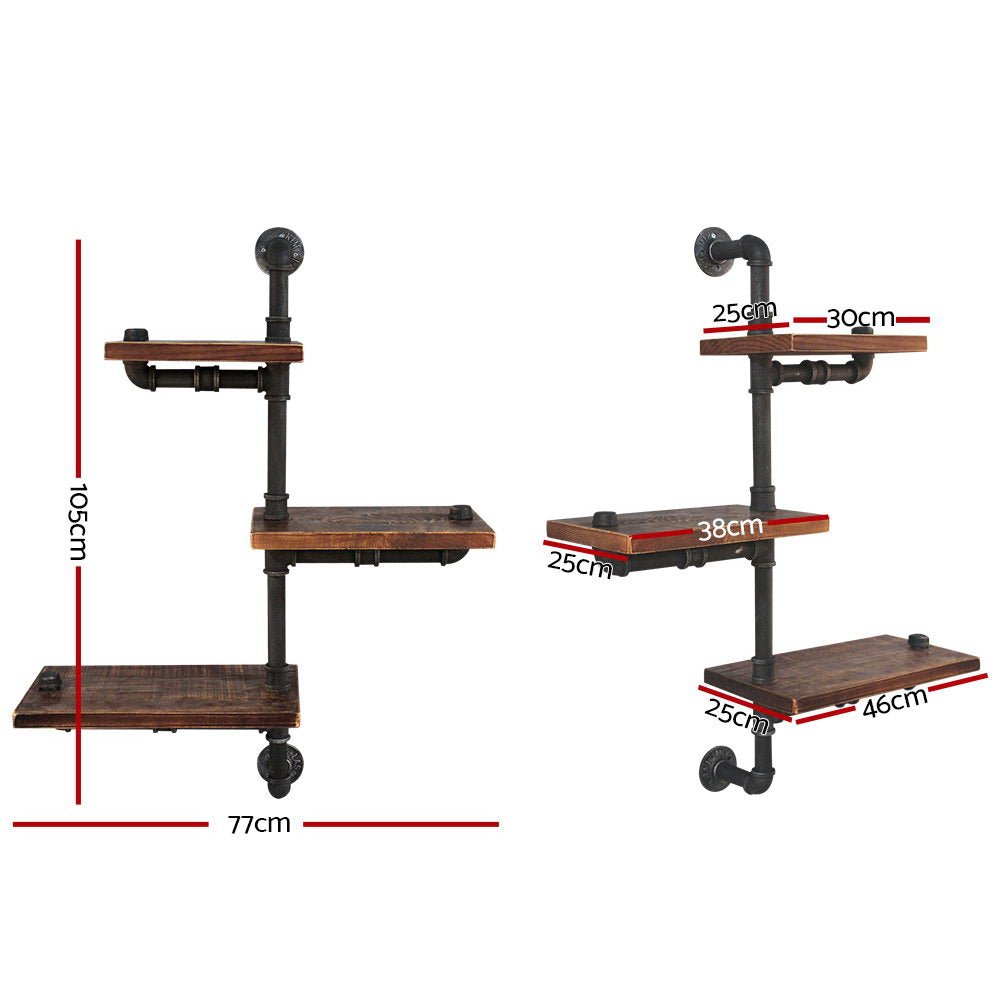 Rustic Industrial Floating Pipe Shelves - Adjustable DIY Wall Mounted Bookcase with Timber and Metal Design