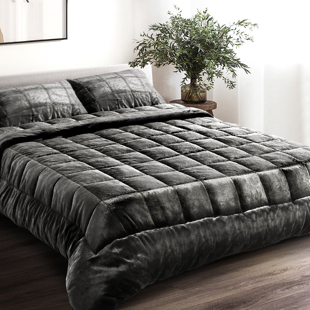 Giselle Bedding Charcoal Faux Mink Super King Luxury Quilt Set