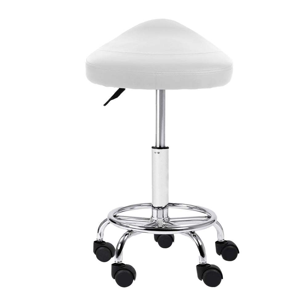 Set of 2 Adjustable White Saddle Salon Stools with Swivel and Hydraulic Lift