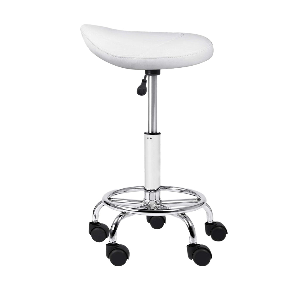 Set of 2 Adjustable White Saddle Salon Stools with Swivel and Hydraulic Lift