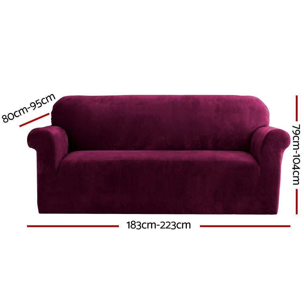 Artiss Stretchable Velvet 3-Seater Sofa Slipcover - Ruby Red Plush Protection