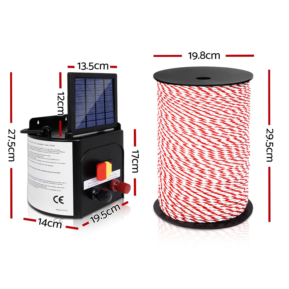 Giantz 5km Solar-Powered Electric Fence Energiser with 500m Rope and Warning Signs