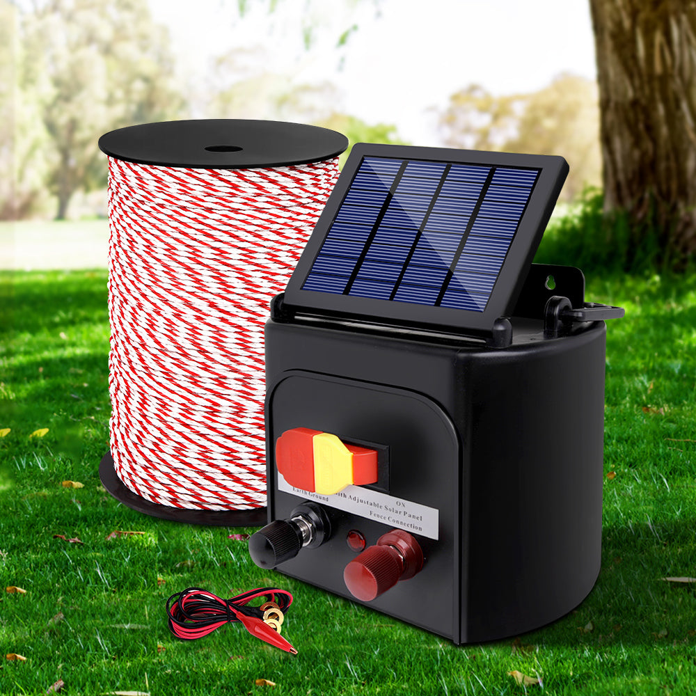 Giantz 5km Solar-Powered Electric Fence Energiser with 500m Rope and Warning Signs