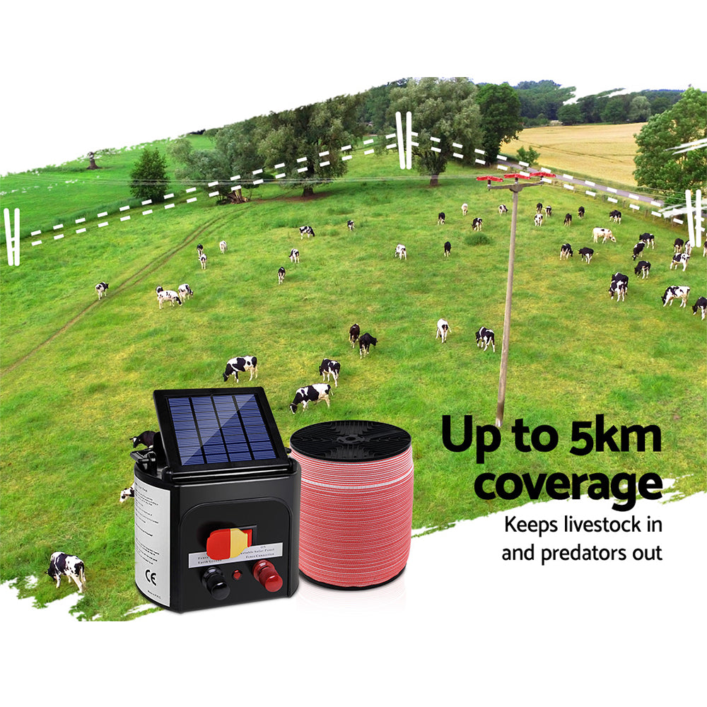 5km Solar-Powered Electric Fence Energiser with 1200m Polytape and Warning Signs