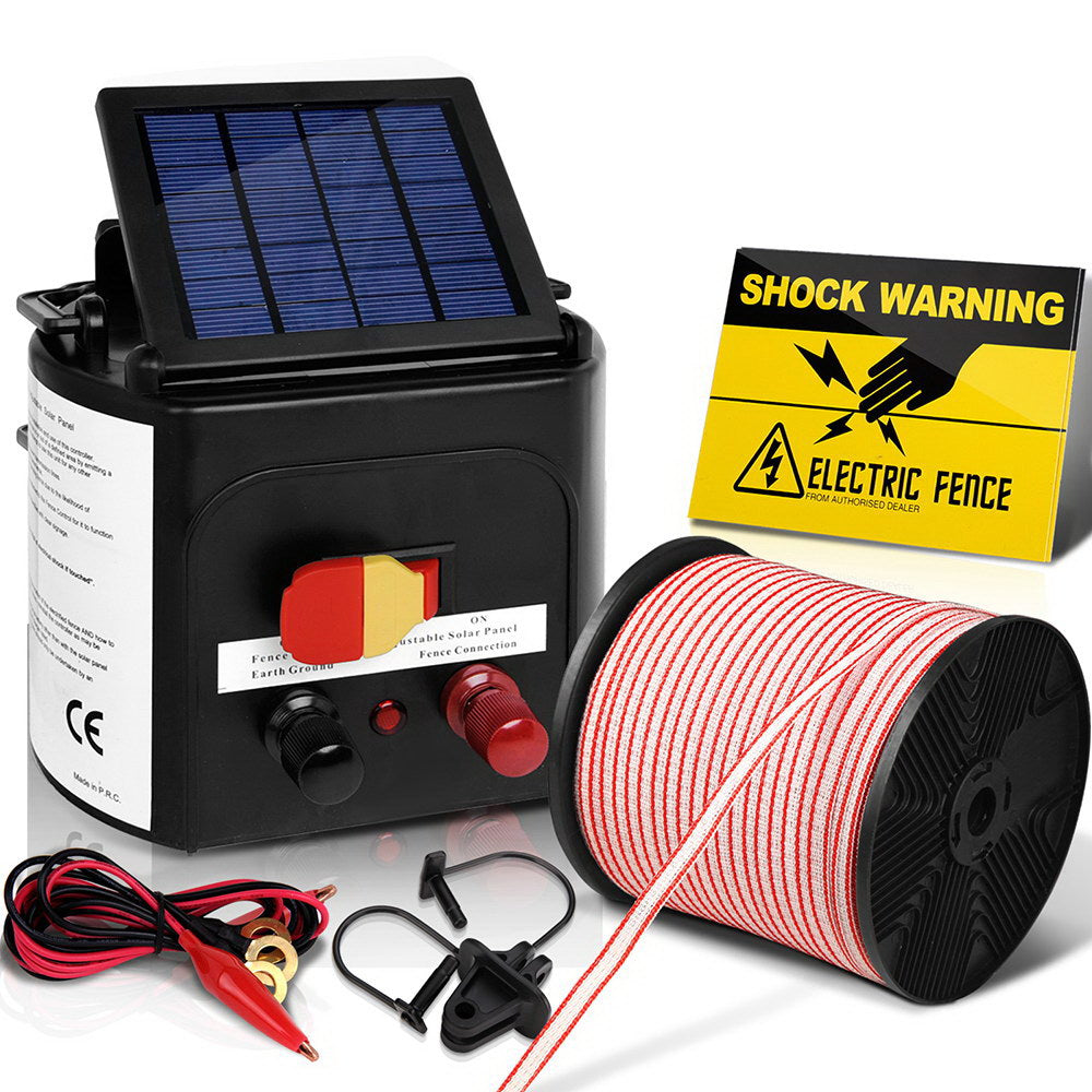 5km Solar-Powered Electric Fence Energiser Kit with 400m Tape and 25 Insulators