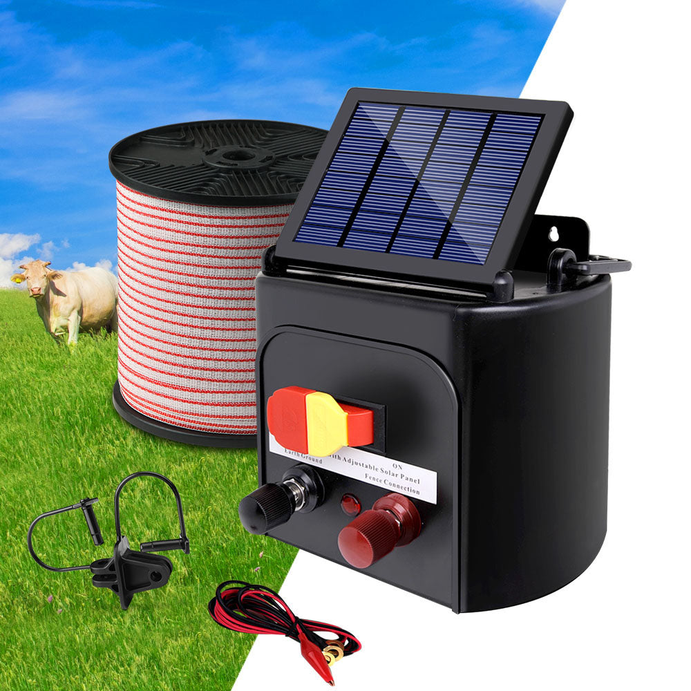 5km Solar-Powered Electric Fence Energiser Kit with 400m Tape and 25 Insulators