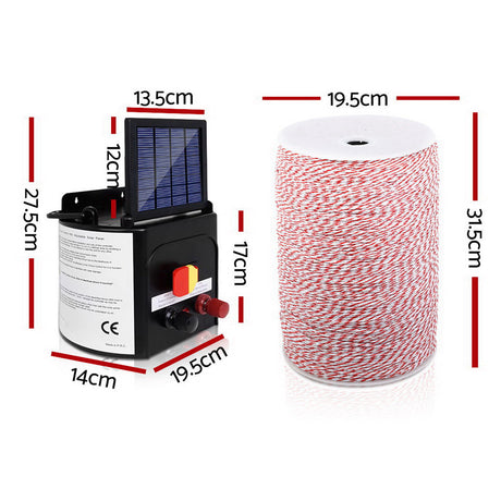 Giantz 5KM Solar-Powered Electric Fence Energiser with 2000M High-Visibility Poly Wire Tape