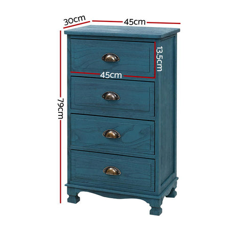 Vintage Blue 4-Drawer Nightstand with Curved Accents and Ample Storage